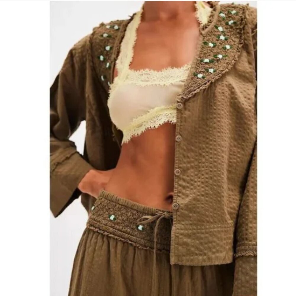 Intimately Free People Sweet As Roses Lounge Blouse Top ONLY Embroidered S - Picture 2 of 9